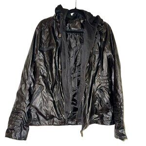 Faux Leather Jacket with Hood and Removable Lining Accent